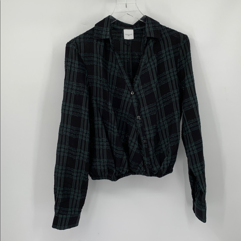 Gaelle Paris blouse top shirt green black plaid metallic cropped new 46 Large